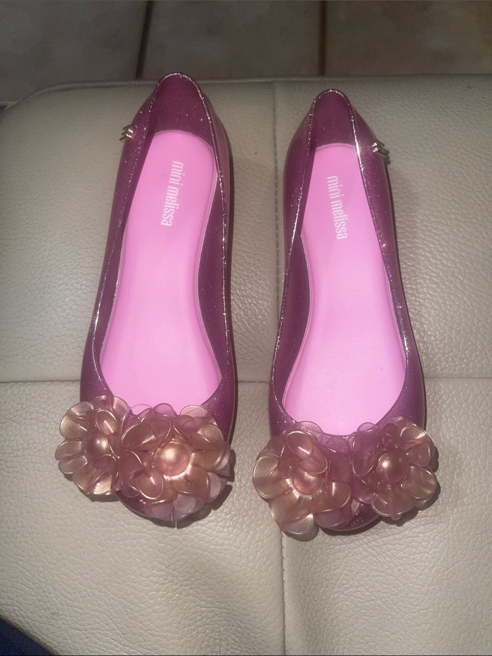 Mini Melissa Girls Purple Jelly Flats with Pink Insole and Rose Accents